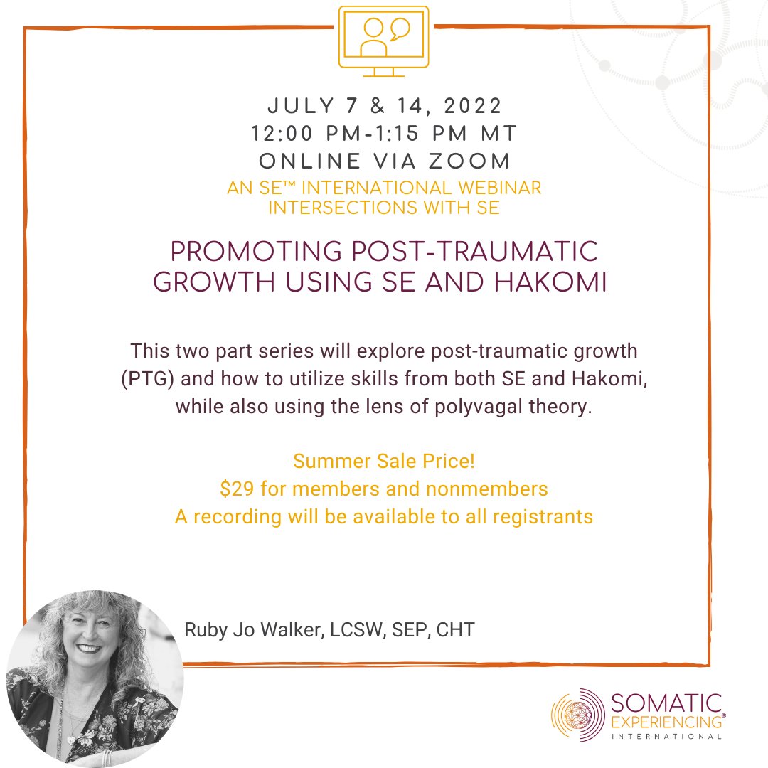 Somatic_Exp_Int's tweet photo. Register here: https://t.co/qOWdYjhWZ6
#somaticexperiencing #posttraumaticgrowth #somatics #traumahealing #trauma #seresearch #nervoussystem #mentalhealth #webinar #traumawork #therapists #coregulation #hakomi #beliefs #connection #somaticpractice #expansion https://t.co/dnxiMidvCL