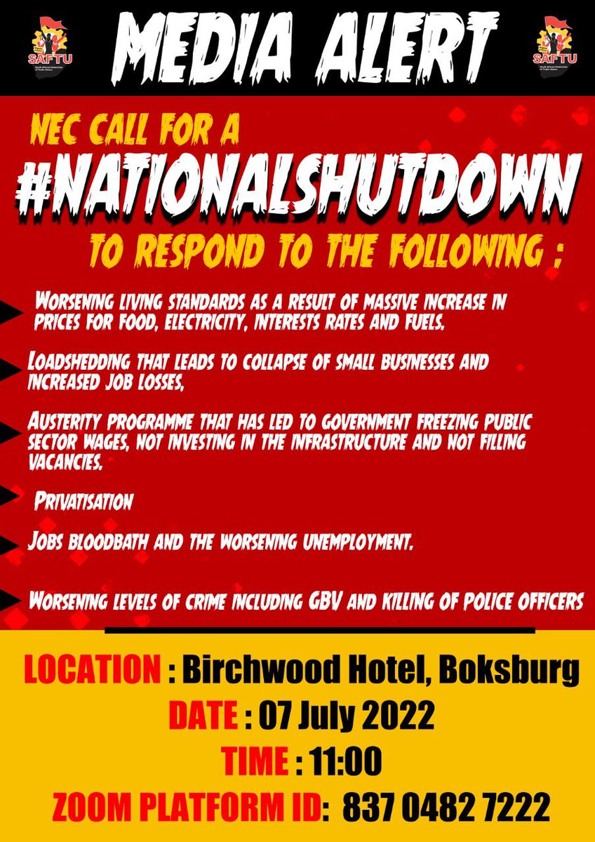 fawu_media's tweet photo. We support #NationalShutdown  against skyrocketing food prices, shocking increases in fuel &amp; electricity!!@SAFTU_media https://t.co/6q2T7C3kv5