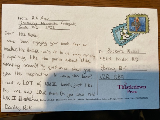 🥰 How cute is this?! <a href="/BarbaraNickel1/">Barbara Nickel</a> has received 26 of these postcards from the Grade 7 students of <a href="/RockwayMC/">Rockway Mennonite</a> in response to her novel Dear Peter, Dear Ulla, a historical novel about two cousins who have never met but have become fast friends through an exchange of letters.