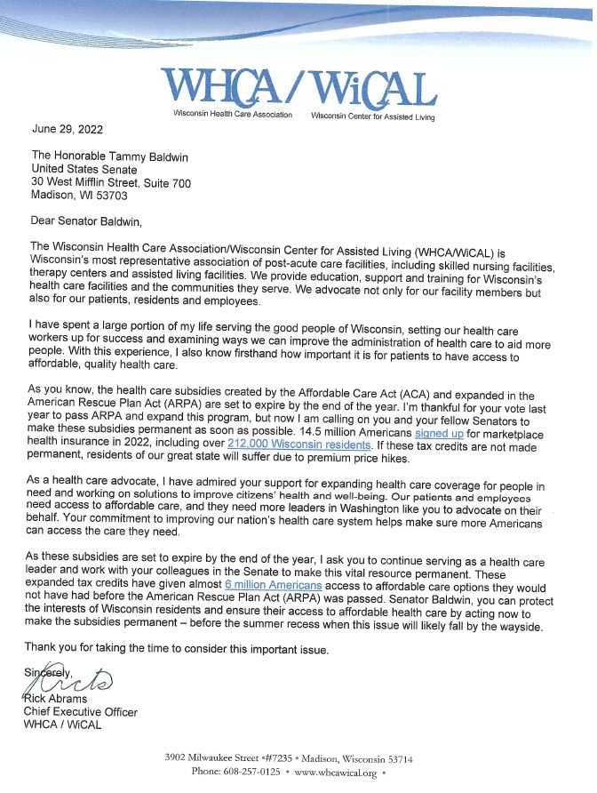 WHCA/WiCAL (@whcawical) on Twitter photo Rick Abrams, WHCA/WiCAL’s CEO, recently wrote a letter to <a href="/SenatorBaldwin/">Sen. Tammy Baldwin</a> urging Congress to make health insurance subsidies permanent now for the thousands of Wisconsin families depending on them for affordable health care. Read the full letter below! Rick Abrams, WHCA/WiCAL’s CEO, recently wrote a letter to <a href="/SenatorBaldwin/">Sen. Tammy Baldwin</a> urging Congress to make health insurance subsidies permanent now for the thousands of Wisconsin families depending on them for affordable health care. Read the full letter below!