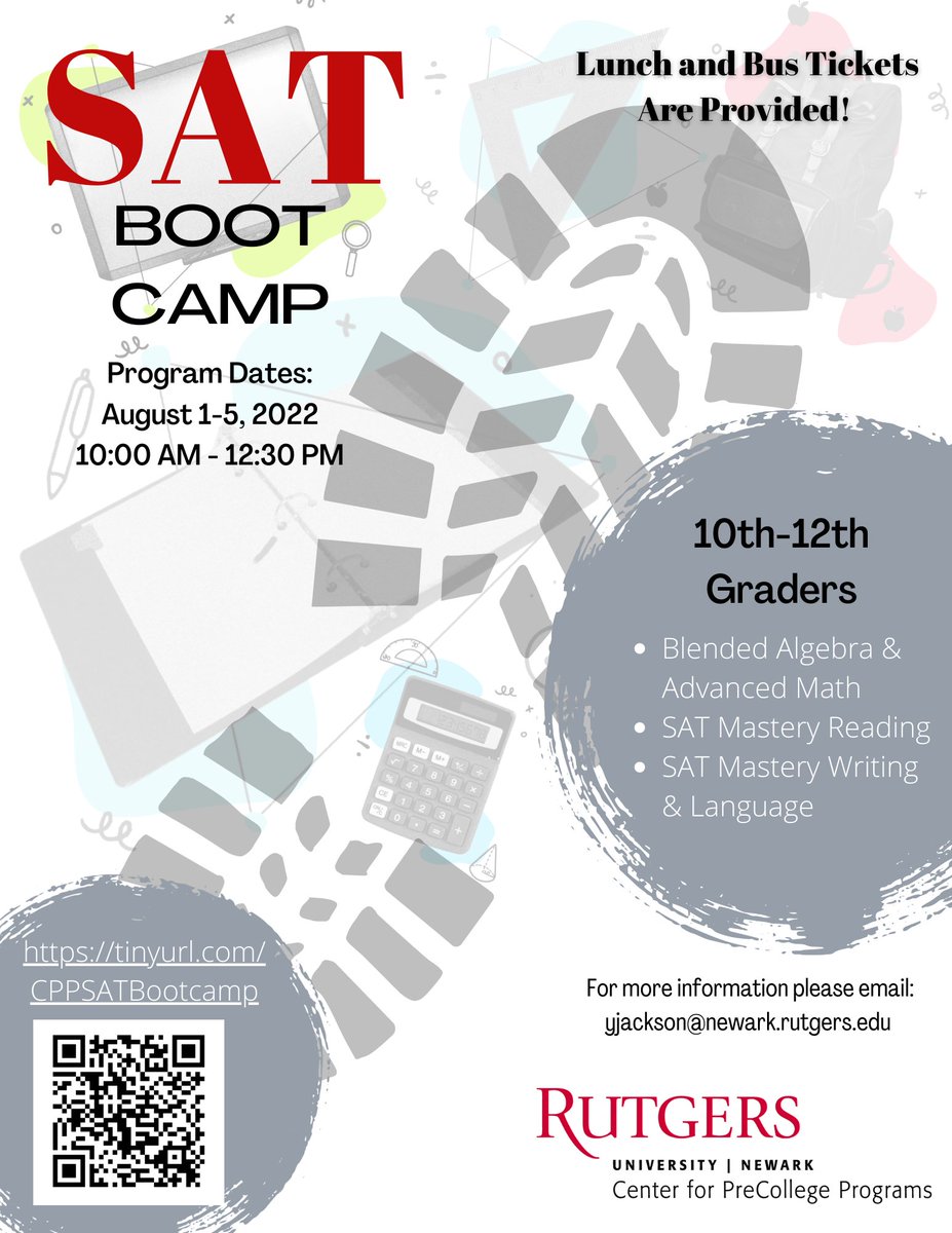 Cntr4PreCollege's tweet photo. Scholars, please use this link (https://t.co/AFmzUXi2sO) to register for the Center for PreCollege SAT Boot Camp. Email Ms. Jackson (yjackson@newark.rutgers.edu) for more information! 

#njsatbootcamp #centerforprecollegeprograms #RUNewark #TRIO #UpwardBound #ALI #RFSNewark https://t.co/ifD2iAjmbU