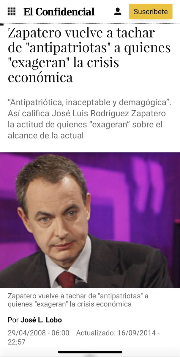 Zapatero, 2008: los que exageran la crisis son unos antipatriotas. 

Pepe Álvarez (UGT), 2022: los que auguran una crisis económica en septiembre que se vayan a hacer puñetas. 

Un poquito de por favor.