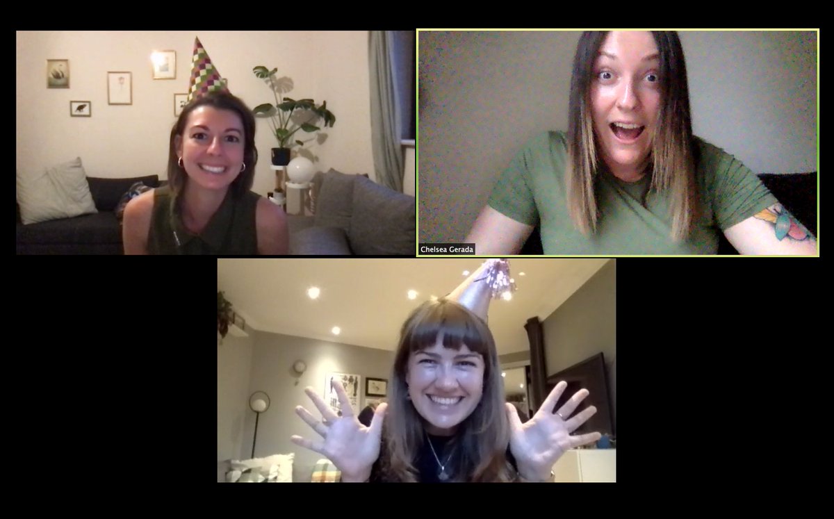 ChelseaGerada1's tweet photo. Proof that herpes is forever (we all did our PhDs on herpes viruses) 
Thanks @ScientistTess and @emilymachala for the surprise party hats! Grateful that even though we ended up in 3 different countries the support level and mateship hasn't changed changed since leaving Aus 🥰 https://t.co/90K2Ro7Job