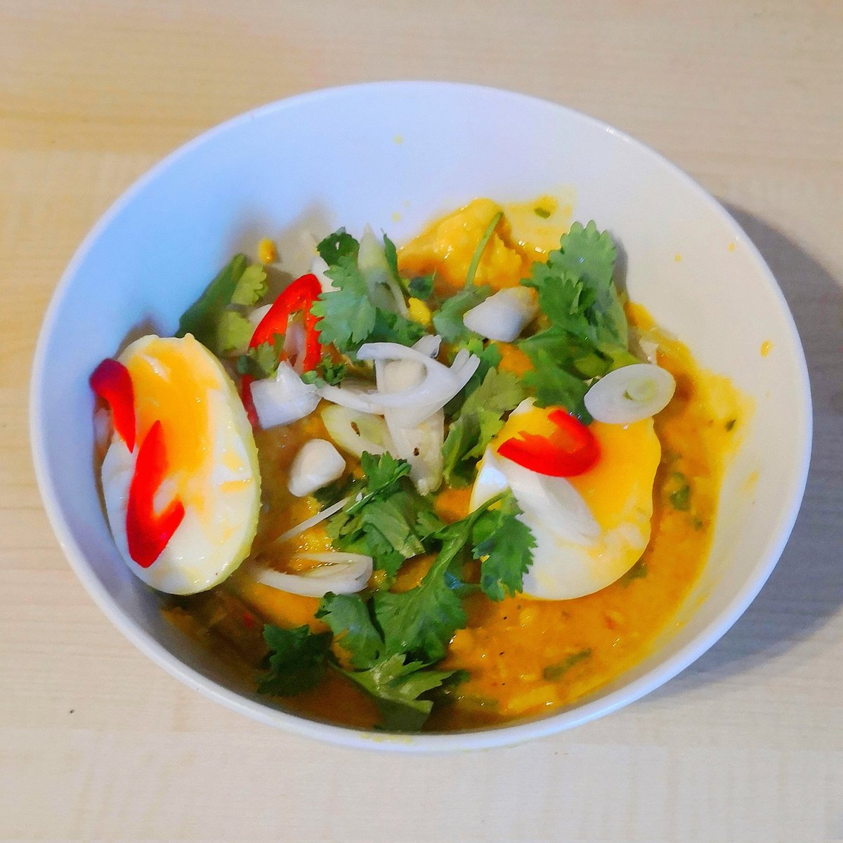 dailowe's tweet photo. At last, 45 years after getting the recipe book, I've obtained a banana stem and made #mohinga, the national dish of 
#Burma or, if you prefer, #Myanmar
Wow, that were reet spicy, were that https://t.co/2pzGj5zeJx