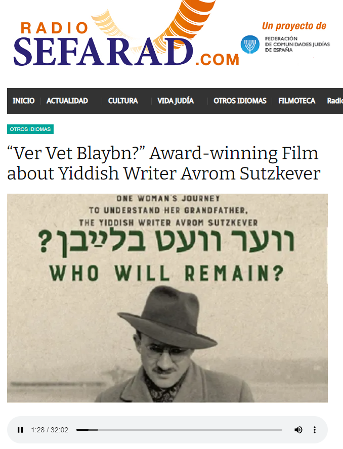 We're featured on @RadioSefarad's English Corner podcast! Hear @SubatomicEmily & @yiddishista talk abt #AvromSutzkever & #WhoWillRemainFilm in connection w our award for best editor of a featurette at the Madrid International Independent Film Festival: radiosefarad.com/ver-vet-blaybn…