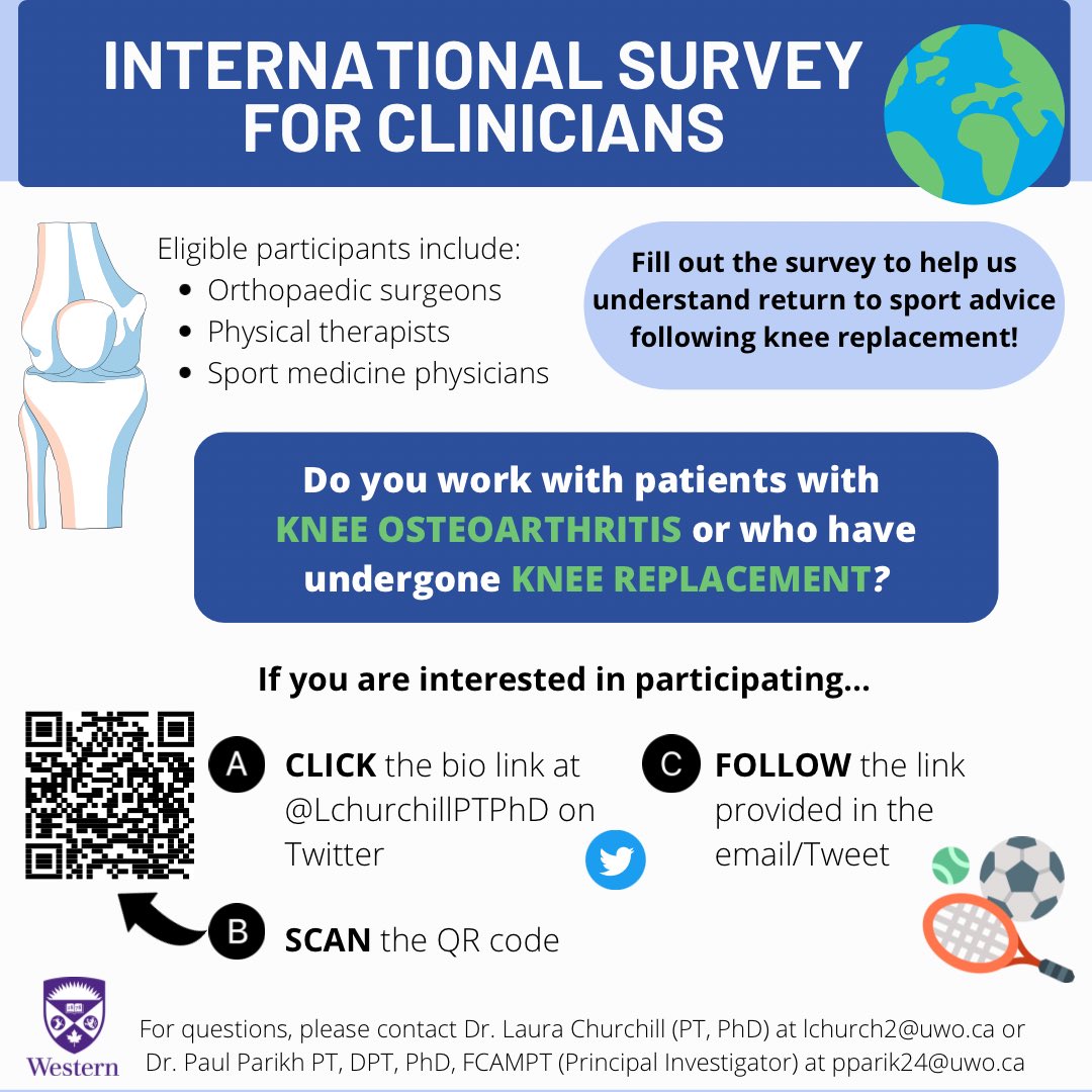 📢‼️ Attention orthopaedic surgeons, physical therapists, and sports medicine physicians ‼️ Please consider filling out our survey evaluating expert consensus on return to sport recommendations following TKA by clicking the following link: uwo.eu.qualtrics.com/jfe/form/SV_6D…