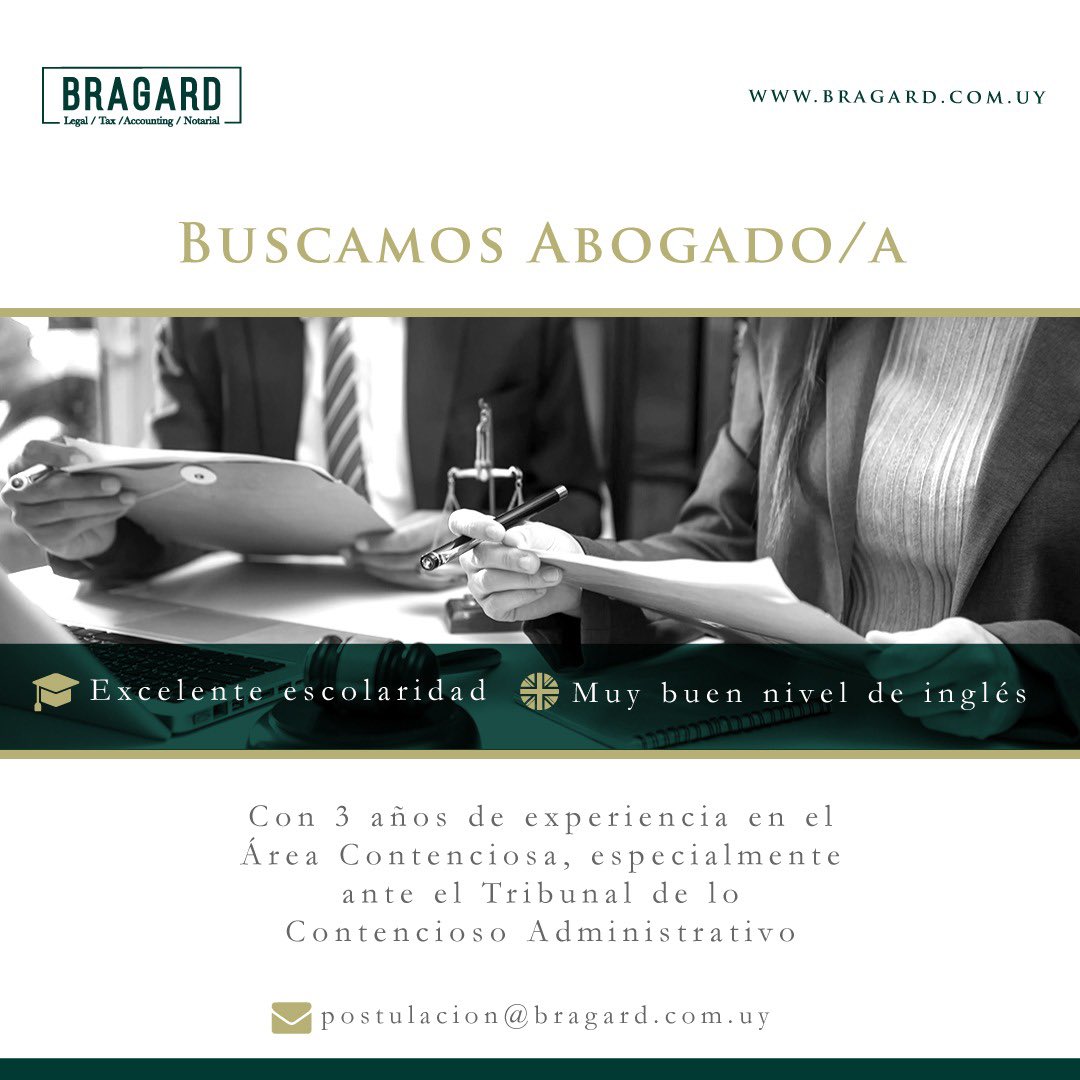 BRAGARD (@bragardabogados) on Twitter photo Veni a trabajar a un lugar diferente!
Buscamos abogado/a para nuestro Departamento de Litigios y Arbitraje.
Requisitos:
. 3 Años de experiencia en el area contenciosa
. Excelente escolaridad
Envianos tu CV a postulacion@bragard.com.uy
Te estamos esperando! Veni a trabajar a un lugar diferente!
Buscamos abogado/a para nuestro Departamento de Litigios y Arbitraje.
Requisitos:
. 3 Años de experiencia en el area contenciosa
. Excelente escolaridad
Envianos tu CV a postulacion@bragard.com.uy
Te estamos esperando!
