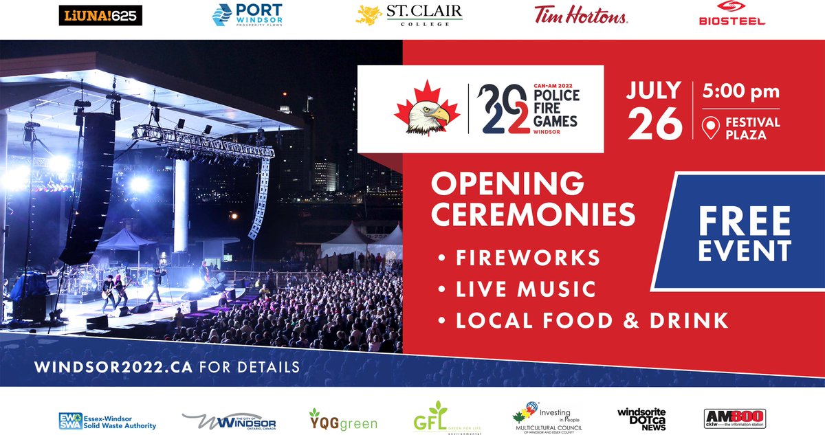 The Can-Am Police-Fire Games will be here July 25-31. Featuring 42 sports and social events throughout the week. Opening ceremonies is the party you don’t want to miss  – kicking off a week of fun in Windsor! Visit windsor2022.ca for details! #CanAmWindsor #yqg