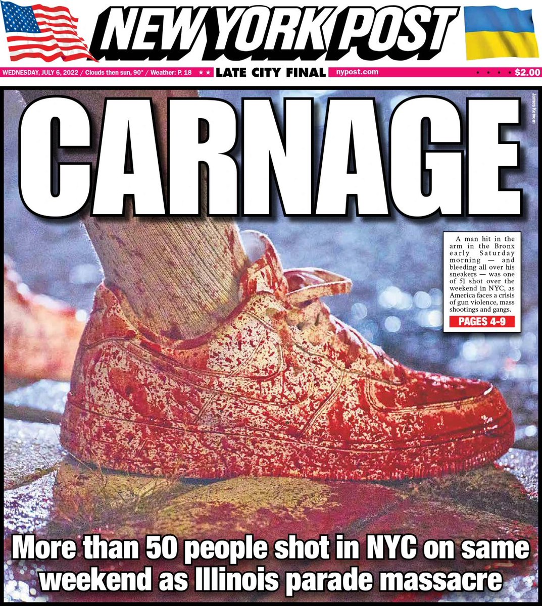 brendandunne's tweet photo. Cover of the New York Post today: bloody Air Force 1s worn by a man in the Bronx who was shot in the arm over the weekend. https://t.co/uoZs2vD5Fr