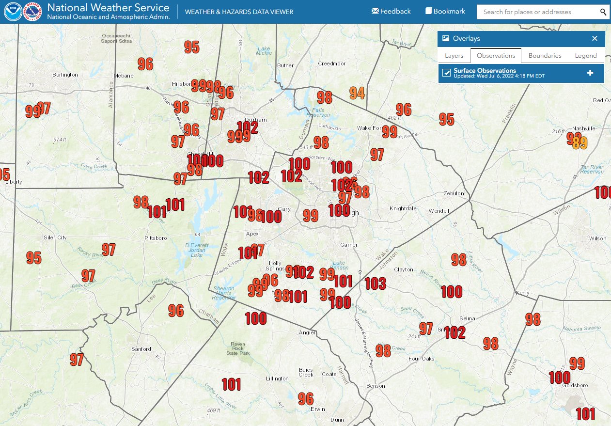 Max temperatures across the Triangle as of 4:18 PM Wednesday.