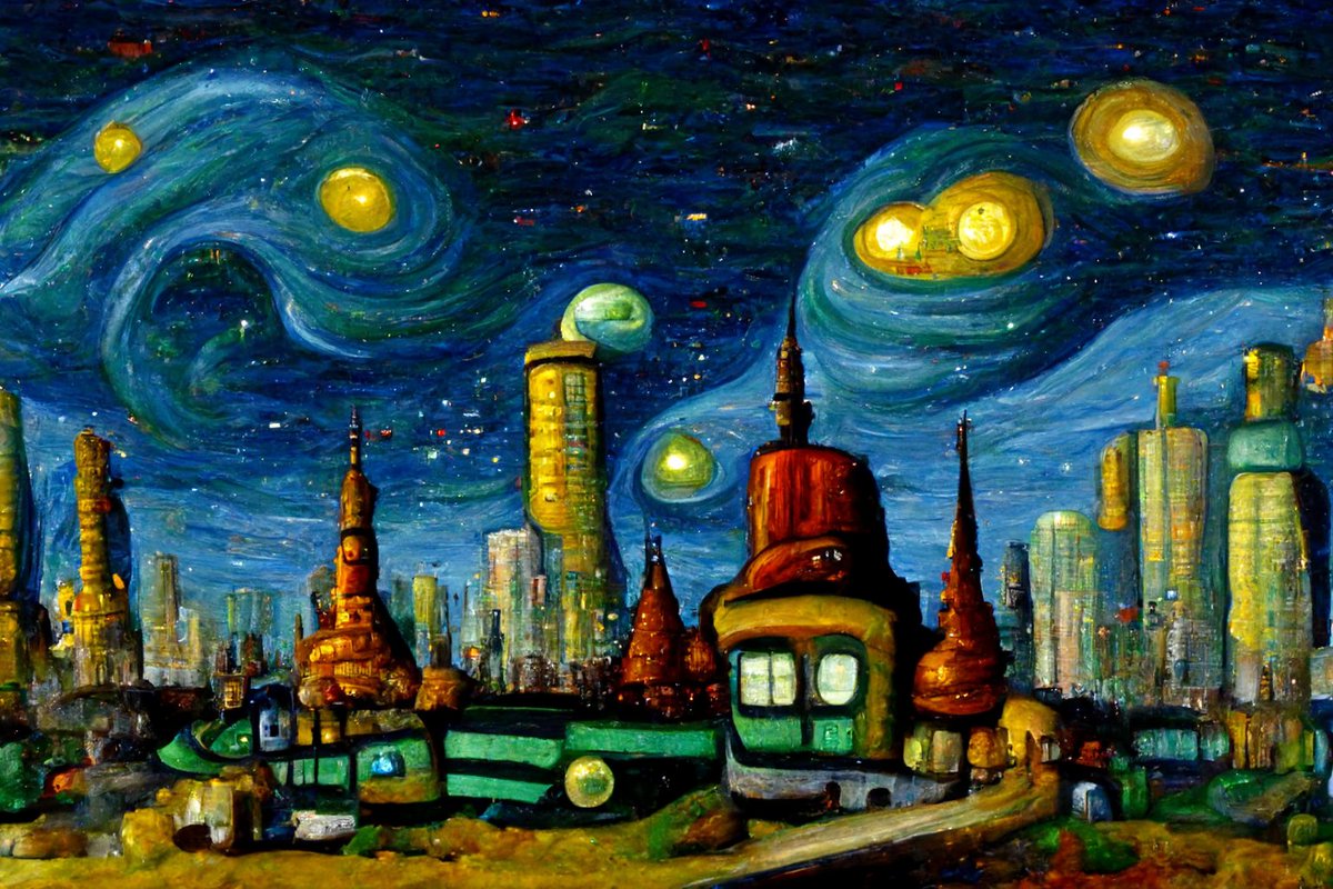 vfxartisan's tweet photo. >oil painting of futurama cityscape in the style of van gogh starry night, planet express

#futurama #vangogh #oilpainting
#midjourney #midjourneyart #midjourneyai #ai #aiart https://t.co/NzMJLQdto1