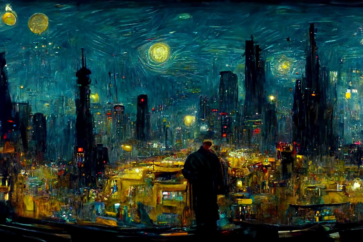 vfxartisan's tweet photo. >an oil painting of a wide shot bladerunner cityscape in the style of van gogh starry night

#bladerunner #vangogh #oilpainting
#midjourney #midjourneyart #midjourneyai #ai #aiart https://t.co/HHonYsY1Hi