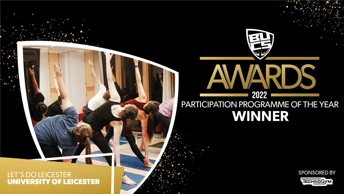 BUCSsport's tweet photo. The Participation Programme of the Year award, sponsored by @Technogym goes to @LetsDoLeicester 🏆

The @UOL_Sport programme provides students with the opportunity to take part in a range of sports and activities from cycling and netball to table tennis and Pilates👀

#BUCSAwards https://t.co/ij25darPpE