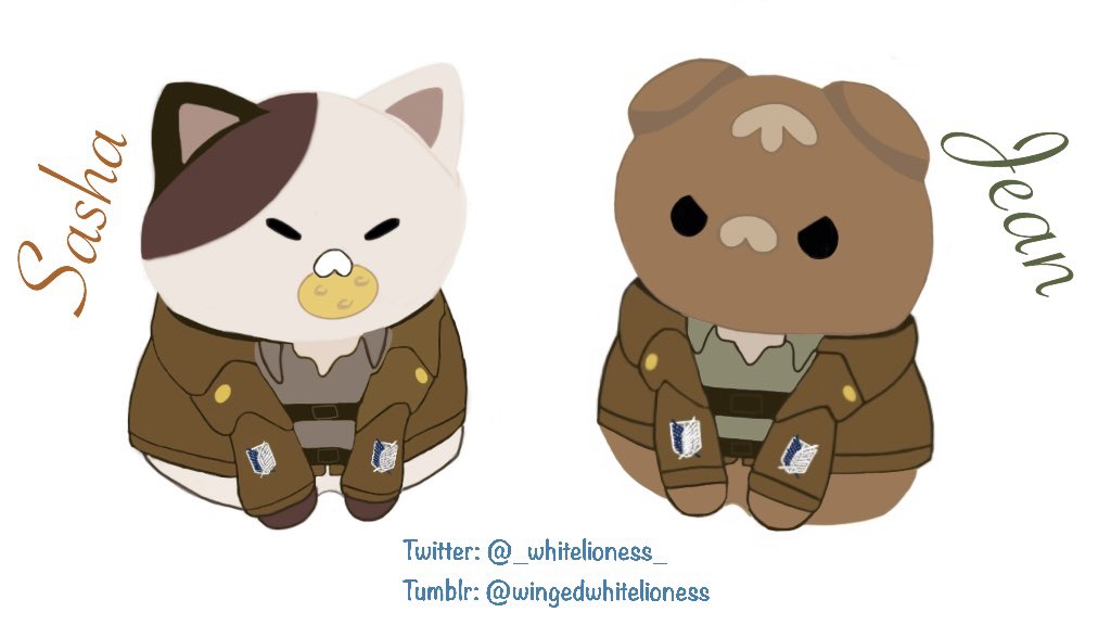 _whitelioness_'s tweet photo. And the last illustration of this thread: Sasha and Jean
😸🥔😾
#MEGACATPROJECT #AnimeExpo #AttackOnTitan #cat #cats #shingeki #ShingekiNoKyojin #sashabraus #jeankirstein #jeanbo #進撃の巨人 https://t.co/bFEOMvOStJ