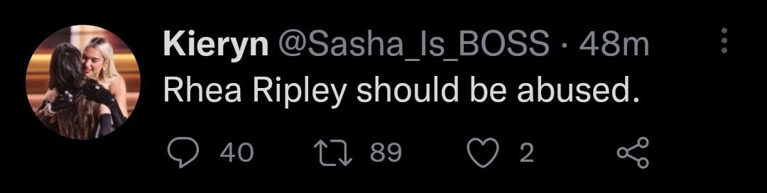 RheaRipley_WWE's tweet photo. Hi, Demi here…. Ya know, the real life human inside Rhea Ripley. 
Just wanted to point out that WRESTLERS &amp; any form of ENTERTAINER is a real life human off screen. 
Don’t wish harm on ANYONE. 
Don’t wish for anyone to be BURIED.
Don’t wish for anyone to be FIRED. 
F’N disgrace. https://t.co/BtP8wYv0k2