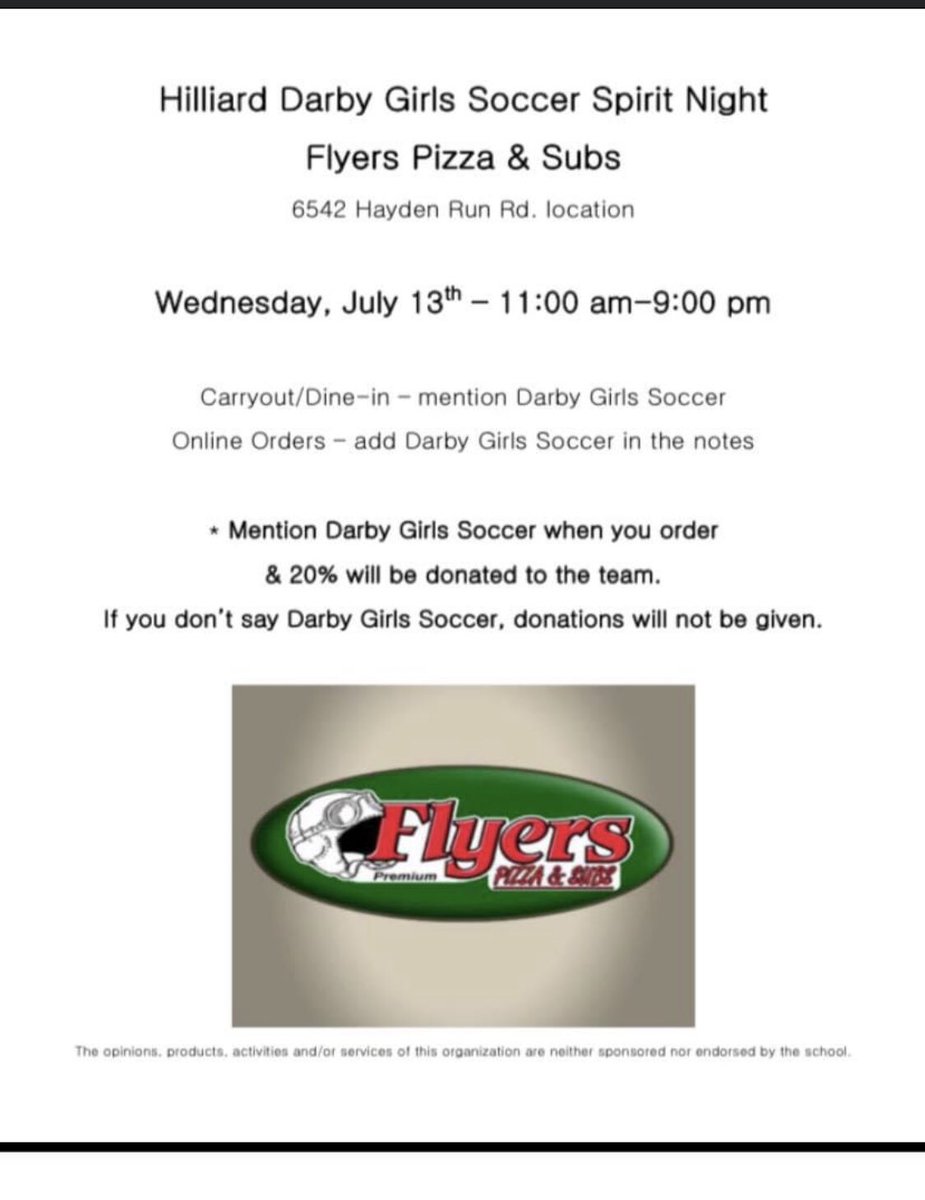 hdhsgirlssoccer's tweet photo. SPIRIT NIGHT!! Next Wednesday, July 13th come out and support Darby Girls Soccer at Flyers Pizza &amp; Subs. *Make sure to mention ‘Darby Girls Soccer’ when you order !!! 🍕 https://t.co/73dLOShfF6