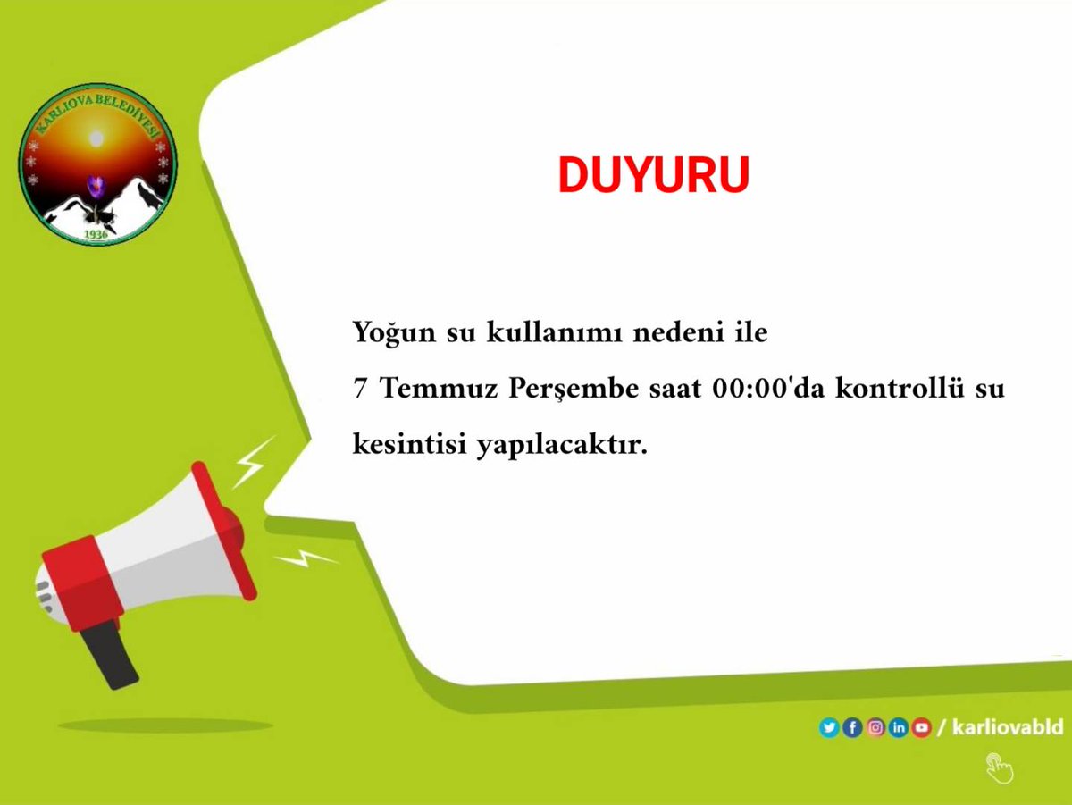 Yoğun su kullanımı nedeni ile;

🗓️ 7 Temmuz Perşembe günü
🕛 00:00'da 

kontrollü su💧kesintisi yapılacaktır.

LÜTFEN SUYUMUZU BOŞA AKITMAYALIM
