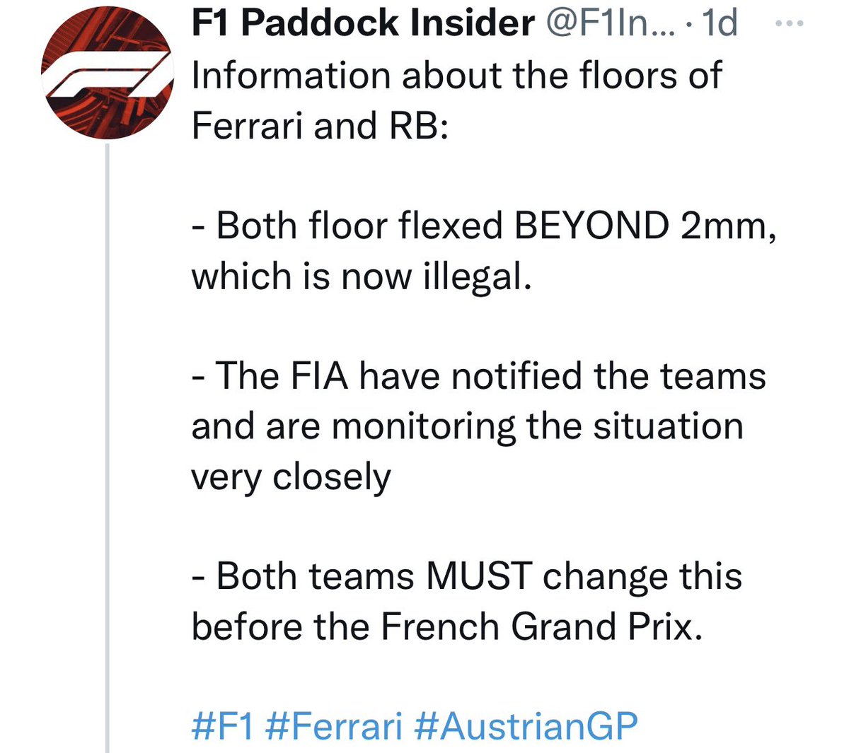thiscattrocks's tweet photo. Asking @fia if @redbullracing or @ScuderiaFerrari  win the next 2 races with these illegal floors isn’t that an unfair advantage. What penalties are you applying? .  #Formula1 #RedBullRacing #FerrariRaces #MercedesAMG #illegalfloors #f1cheats https://t.co/CHNlRLaOX9