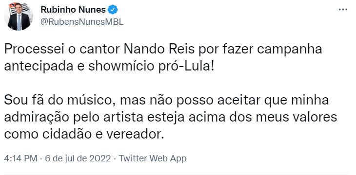 centralpolitcs's tweet photo. ⚖️ MBL vs NANDO REIS: Após processar Juliette, vereador do MBL processa Nando Reis, segundo ele, por "campanha antecipada e showmício pró-Lula". https://t.co/XRnXduGDJr