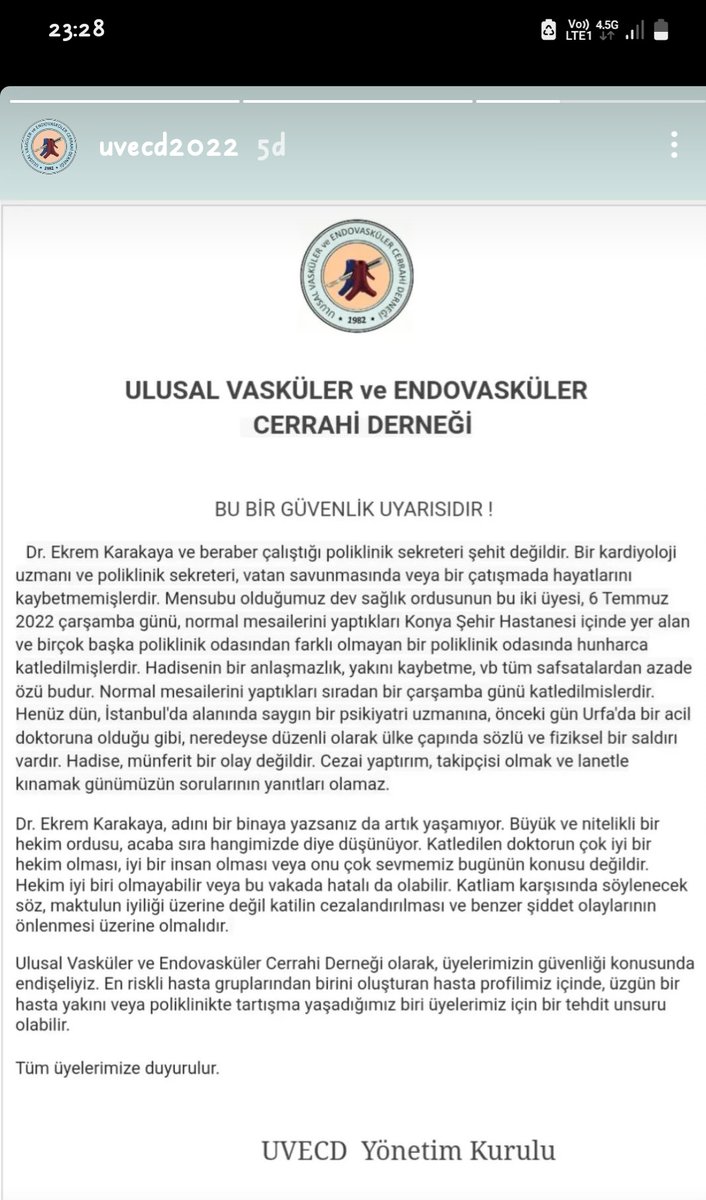 Dr Ekrem Karakaya'nın katledilmesine dair Ulusal Vasküler ve Endovasküler Cerrahi Derneği bildirisi...