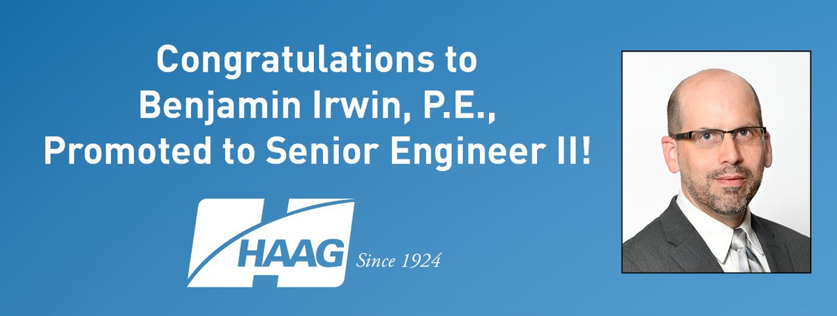 Haag_Global's tweet photo. Congratulations to Benjamin Irwin, PE, DFE, CXLT,  promoted to Senior Engineer II! He is instrumental in serving Haag's clients in the Northeast, particularly construction defects and premise liability assignments. He is a true team leader. #haagglobal #engineer #leader https://t.co/9J6zf7gw9k