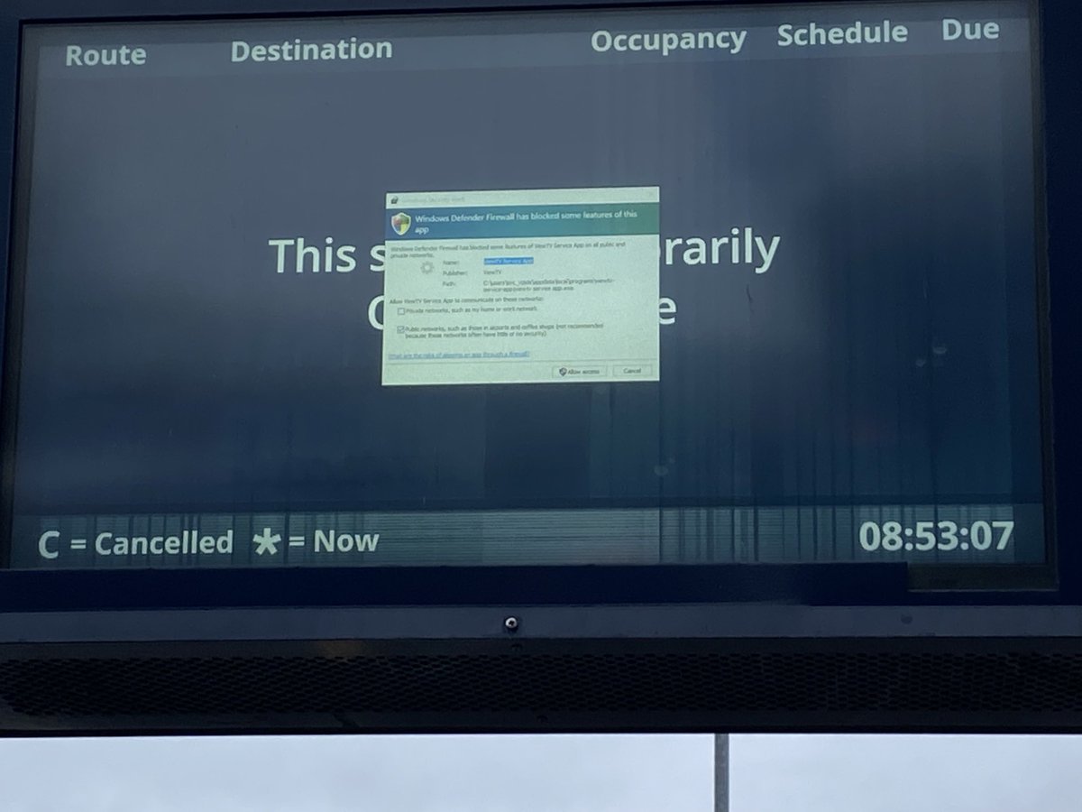 tpmullins's tweet photo. Maybe Windows Defender blocking remote access to attempt fix of busted live timetable? https://t.co/hD0plqDx0u