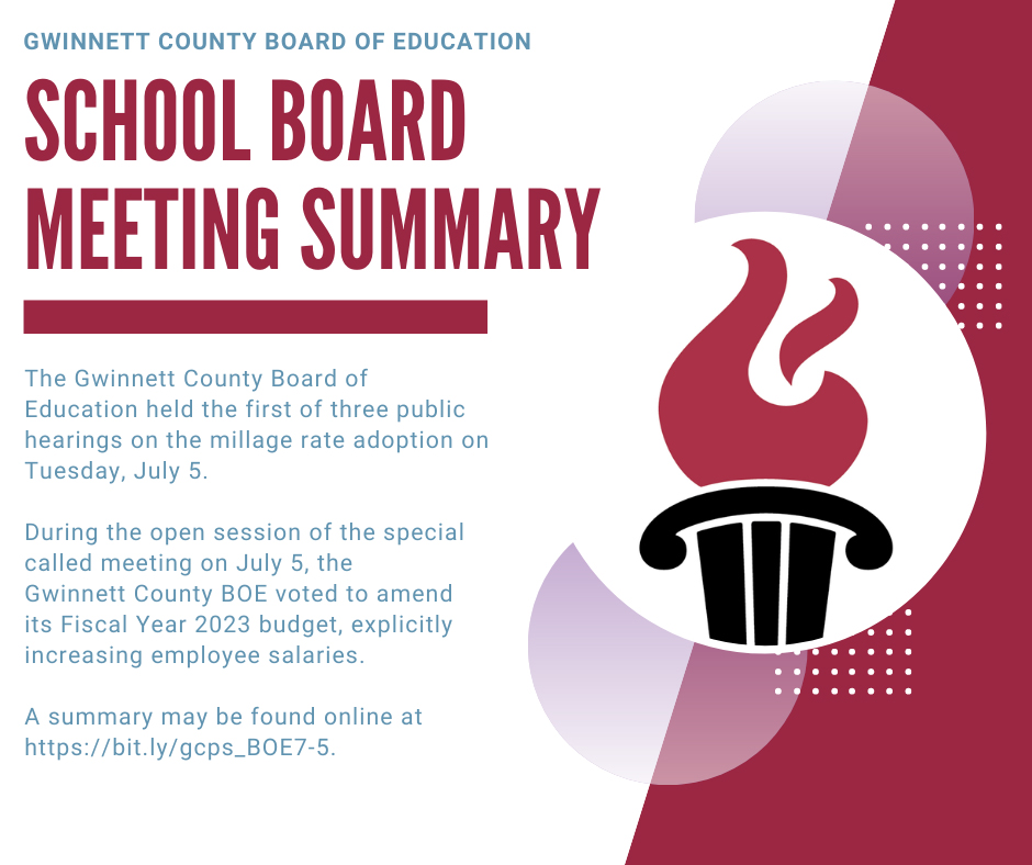 GwinnettSchools's tweet photo. On Tuesday, July 5, the Gwinnett County Board of Education held the first of three public hearings on the millage rate adoption, and conducted a special called meeting regarding the FY2023 budget. Learn more about the July 5 meeting here: https://t.co/DMi0HCJonr https://t.co/YTnsriXvCp