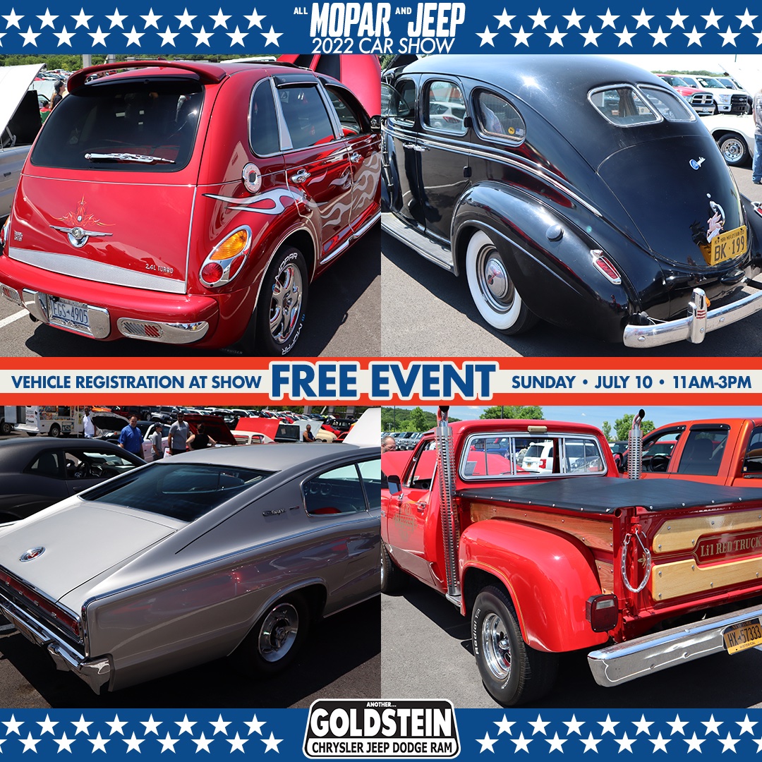 GoldsteinCDJR's tweet photo. NO BUTS ABOUT IT... THIS WILL BE THE HOTTEST EVENT OF THE SUMMER! The ALL MOPAR &amp; JEEP Car Show at Goldstein CDJR in Latham! SUNDAY! SUNDAY! SUNDAY! July 10th.
FREE for spectators and just $15 to register your vehicle. More info:   https://t.co/jEfOaN1uWd   #classiccars #MOPAR https://t.co/aDmQku28gu