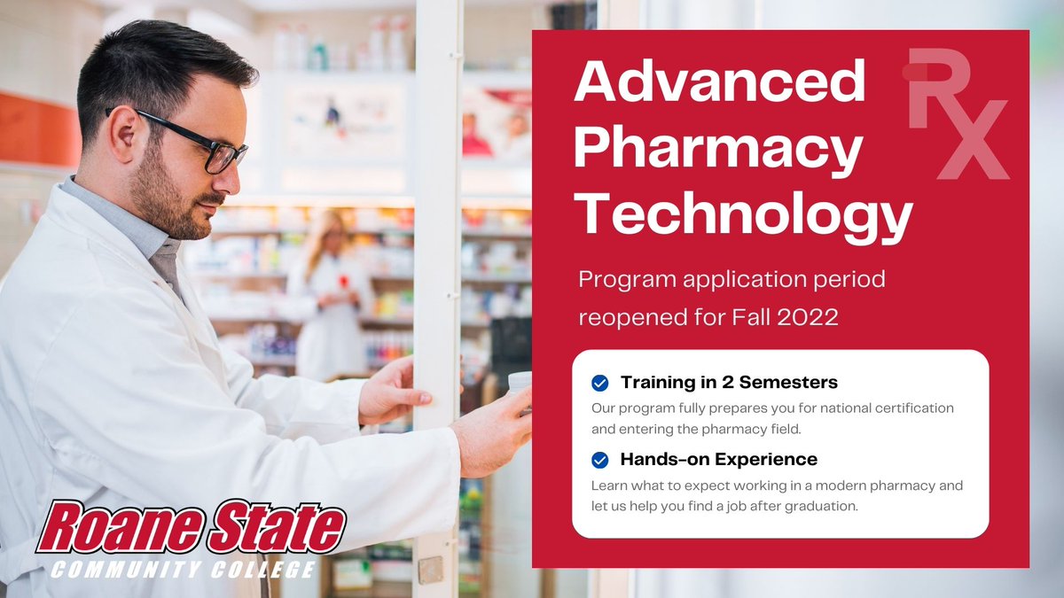 roanestate's tweet photo. The application period for #RoaneState's Advanced Pharmacy Tech program is still open. This program can be completed in just two semesters, preparing you for national certification and the workforce. Plus, our job placement rate is 100%!

Learn more today: https://t.co/3q2BglsdGS https://t.co/oZRky4d2h0