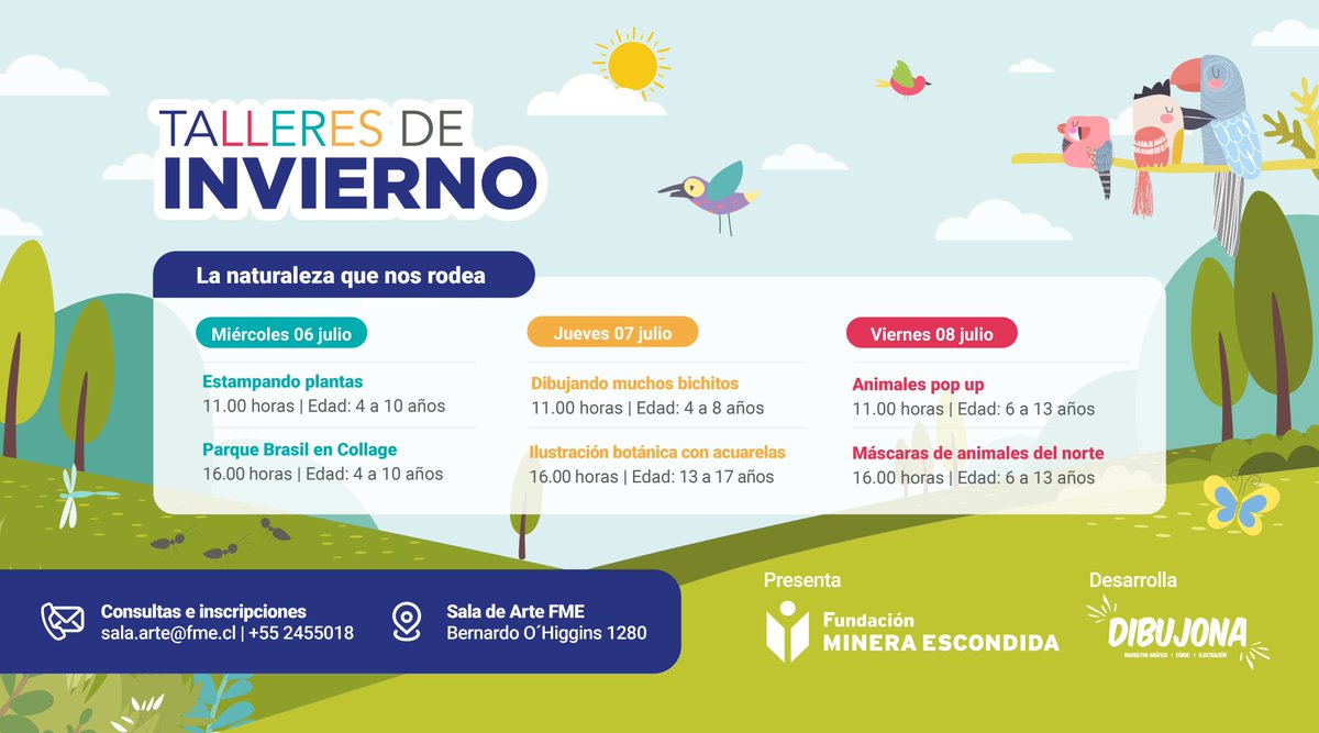 La fantasía se apodera de #FME a través de actividades para niños, niñas y adolescentes en el nuevo ciclo de talleres de invierno desarrollados por <a href="/Dibujona/">DIBUJONA</a> durante las vacaciones.
Inscríbanse en sala.arte@fme.cl o al número telefónico 55 2 455018.

#NosCuidamosEntreTodos