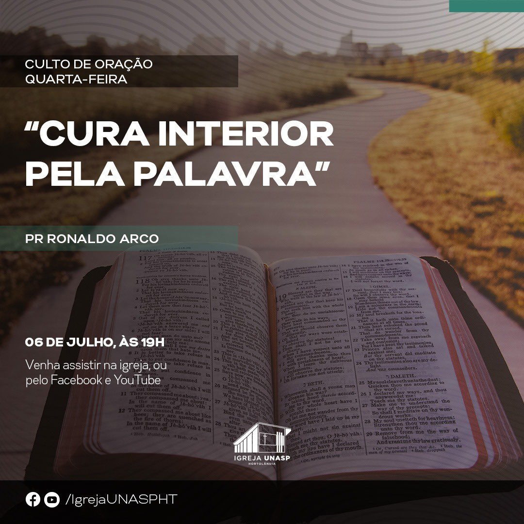 IgrejaUnaspHT's tweet photo. *Culto de Oração* 

O nosso culto será ministrado pelo _*Pr. Ronaldo Arco*_ com o sermão intitulado: _ _A Cura Interior pela Palvra__

Vamos nos programar para estarmos presente.
Esta será uma grande oportunidade de convidar seus amigos! https://t.co/Prf5hwis5W