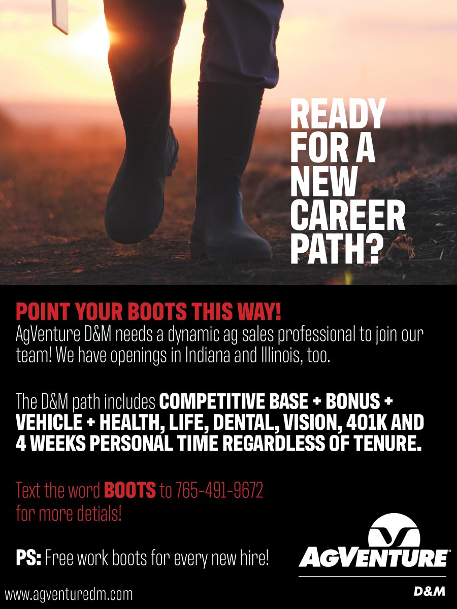 AgventureDM's tweet photo. WE ARE GROWING! AgVenture D&amp;M is super excited to share we are looking to add someone to our team! If you or someone you know would like to learn more about this opportunity, message us here or text the word BOOTS to 765-491-9672! #agventuredifference #agcareers https://t.co/Rmujna7uFa