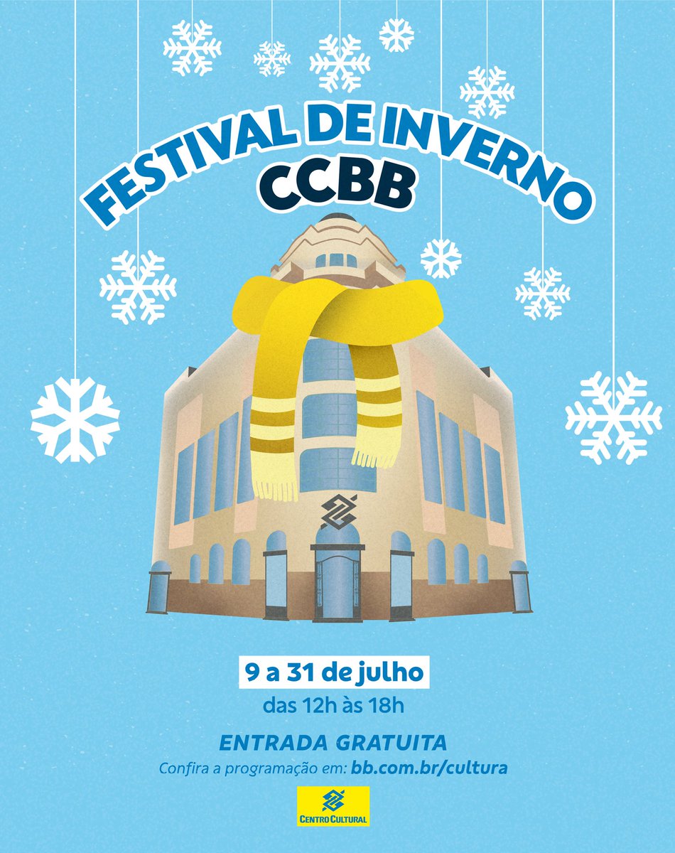 CCBB_SP's tweet photo. Festival de Inverno no @CCBB_SP.
🎶 Atrações musicais e sessões de cinema para toda a família e uma feirinha de vinil para curtir o friozinho.
🗓 De 9 a 31/jul.
🕢 A partir das 12h.
Programação completa no site https://t.co/SN3m5p9Dl0
#ccbb #ccbbsp #FestivalDeInverno https://t.co/T2CwuN5zvO