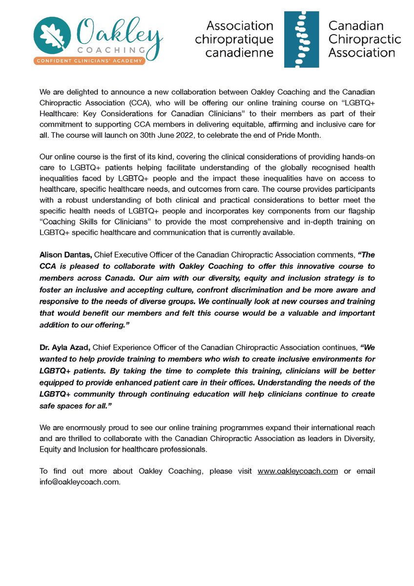 Thrilled to have launched a Canadian-specific version of our #LGBTQ inclusive healthcare course- proudly partnered with the <a href="/CanChiroAssoc/">Canadian Chiropractic Association</a>! Find out more about the training here: learn.oakleycoach.com/courses/lgbtq-…