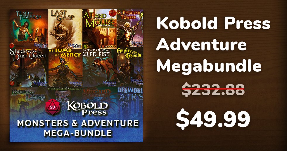 ✨ ICYMI: Save BIG in July as we celebrate <a href="/KoboldPress/">Kobold Press</a> month @ Roll20!

⚔️ Grab the megabundle of 71 adventures for 5E D&amp;D that has adventures for every level + every kind of campaign from the underworld to fey forests!

📚 Complete your collection today: hubs.li/Q01gjSlc0