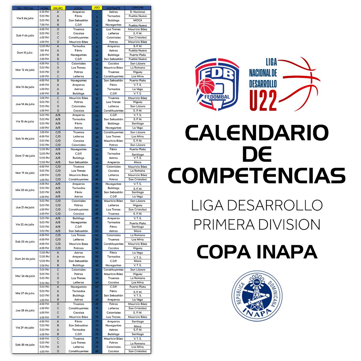 LNDoficial's tweet photo. 🔜Les Presentamos el calendario oficial de la segunda temporada de la Liga Nacional de Desarrollo U22 de la República Dominicana 🇩🇴🇩🇴🇩🇴🇩🇴
Cuida el agua… cuida el futuro!

📺Transmisión vía Youtube/LiveFedombal &amp; @cdndeportes

#LaLigaDeLasOportunidades #U22 #lndoficial #Copainapa https://t.co/ja7qWeUGw6