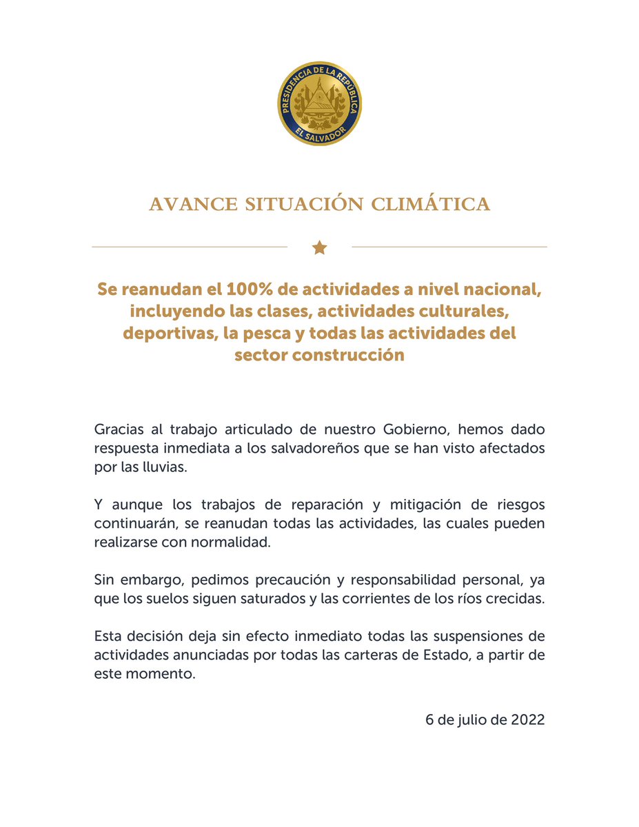 Informamos que ante la reducción del riesgo por lluvias, se reanudará el 100% de las actividades del país.

Esta decisión deja sin efecto inmediato todas las suspensiones de actividades anunciadas por todas las carteras de Estado a partir de este momento.