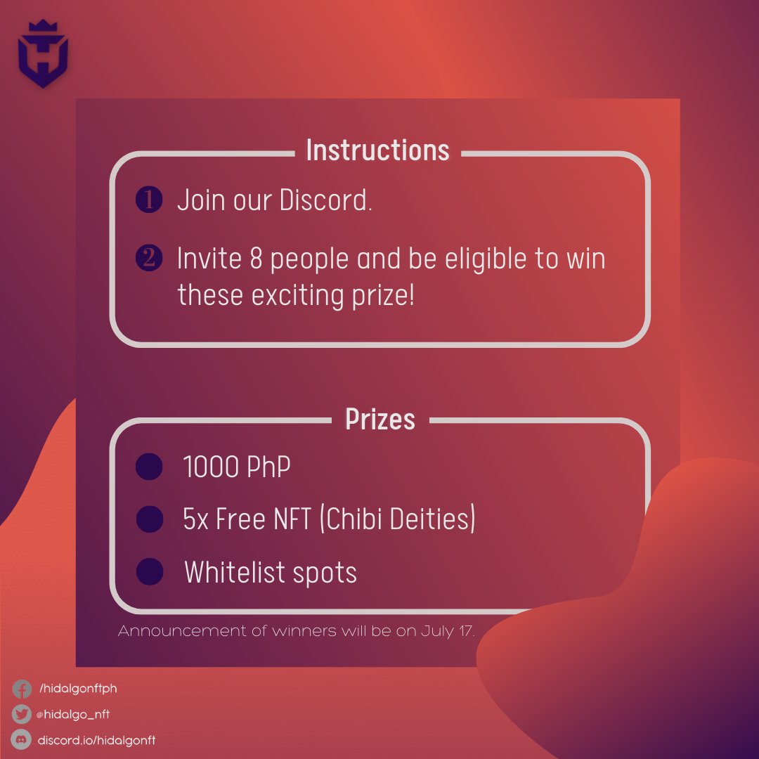hidalgo_nft's tweet photo. Invite-a-DALGO!
Contest duration: July 8-15, 2022

Use your discord invitation link to invite your friends
Left, fake and or bot invites will not be counted

https://t.co/ay1r1FdI5v
https://t.co/ay1r1FdI5v

#HidalgoNFT #InviteaDALGO https://t.co/LCEh7Uz7ji
