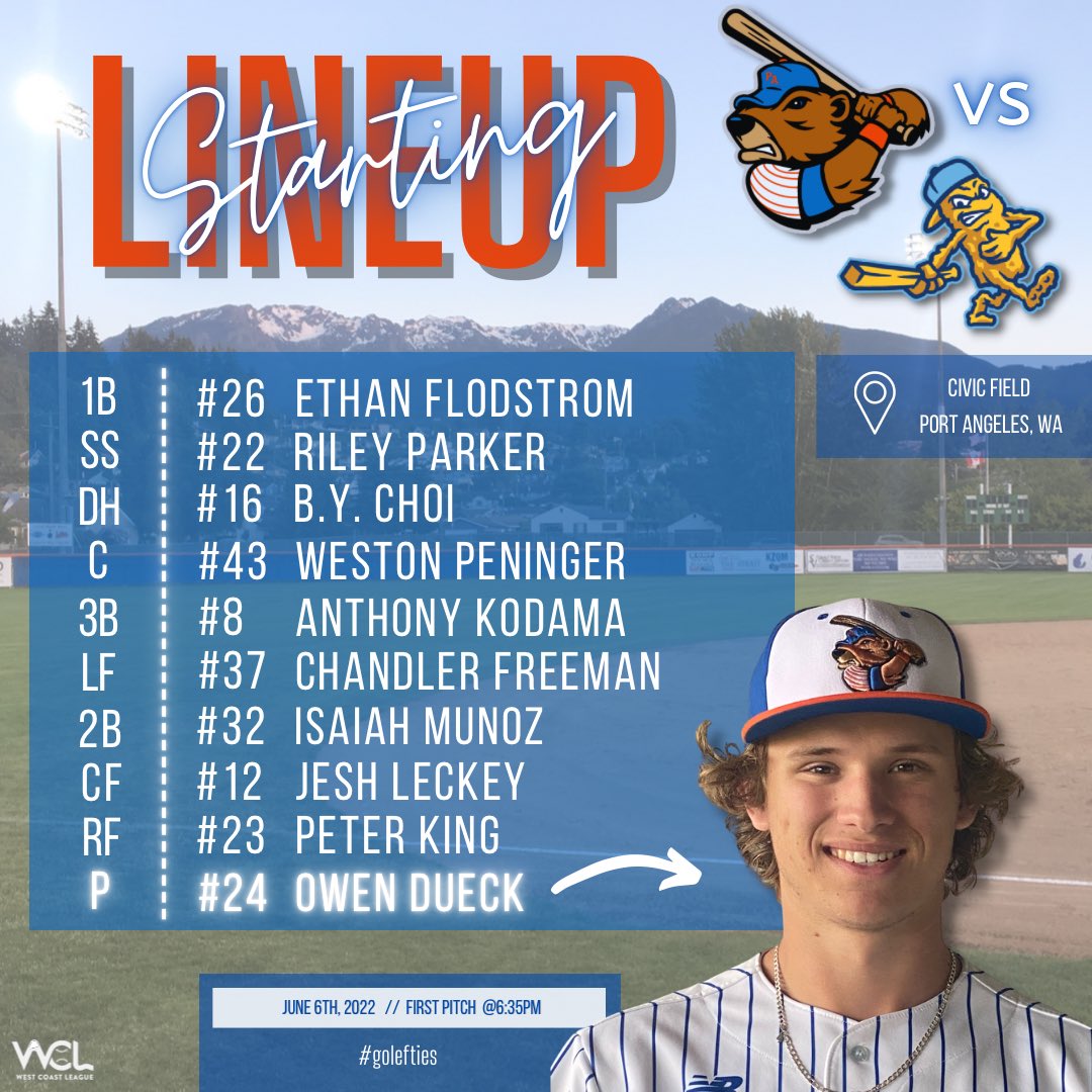 Starting line up for game two of the series @PALefties 🆚 @GoFishSticks ⏰6:35PM 📍Civic Field - Port Angeles, WA 🎟 paleftiesbaseball.com/tickets 📺 youtu.be/4w9q1GojN-g 📱watch live on WCL app #golefties