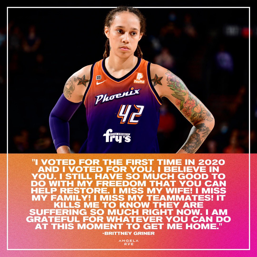 angela_rye's tweet image. Brittney Griner has been detained in Russia for 139 days. 

On Monday, she took matters into her own hands + made a direct appeal to @POTUS for her freedom. We have to keep up the momentum to bring BG home! Sign the petition at weareBG.org✊🏾💕
#weareBG
