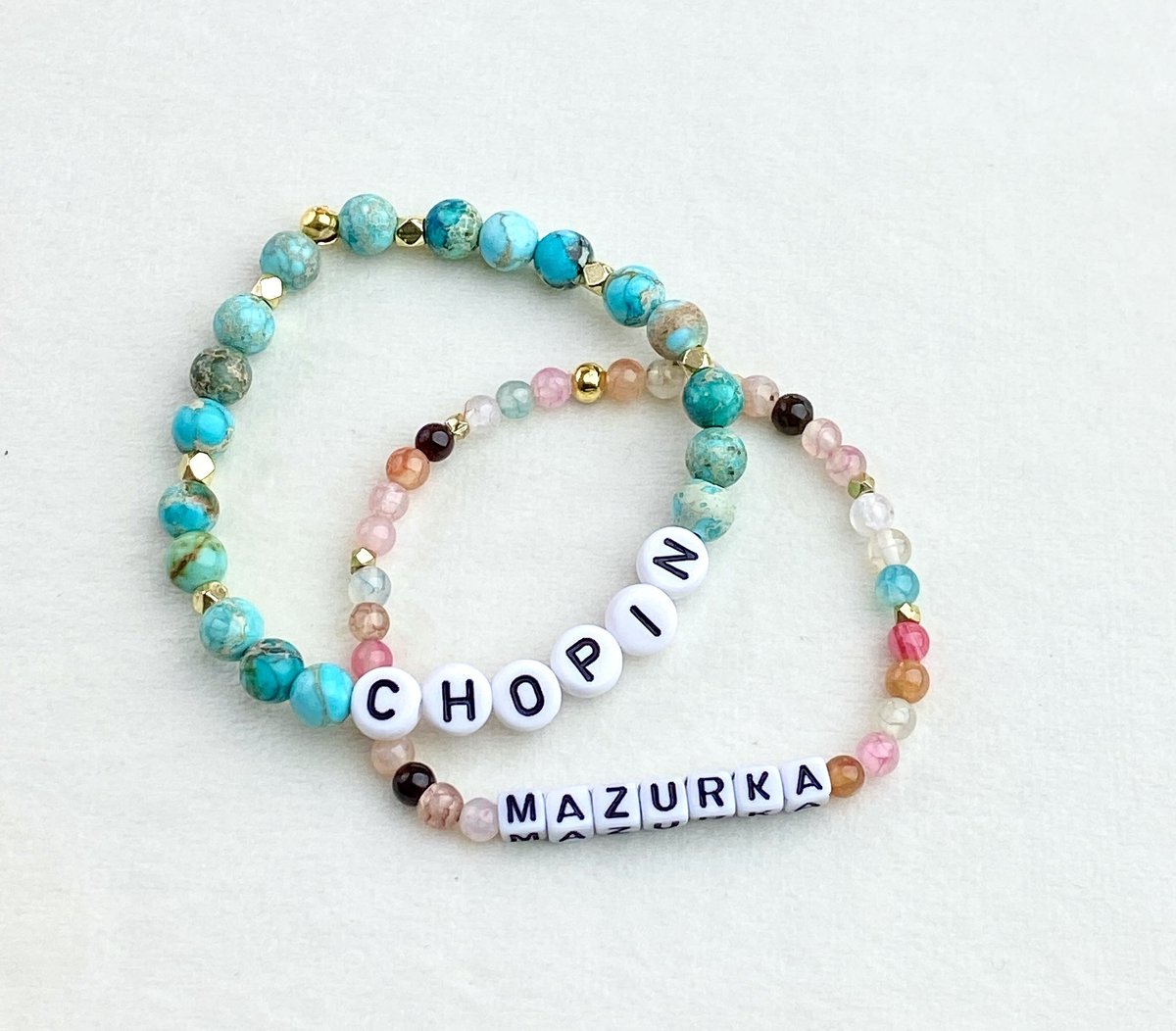 classicalecos's tweet photo. Just completed for a pianist, Chopin and Mazurka!! 

Custom Classical Bracelets. 

What will you want on yours? 

All natural semi-precious stones. Each bracelet comes with a description of the stone’s meaning and intention. 

Fun and unique to you!!

#fashion #jewelry #composers https://t.co/ZuF5Uc1GSL