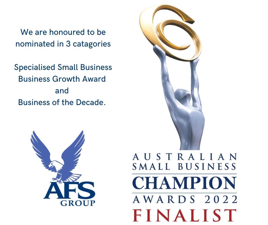 AFSGroup__'s tweet photo. AFS Group is honoured to be a finalist in the Australian Small Business Champion Awards for 2022 in 3 categories.
Specialised Small Business, Business Growth Award and Business of the Decade.  We thank you all for your continued support. https://t.co/Rjkx2B2Vsu
