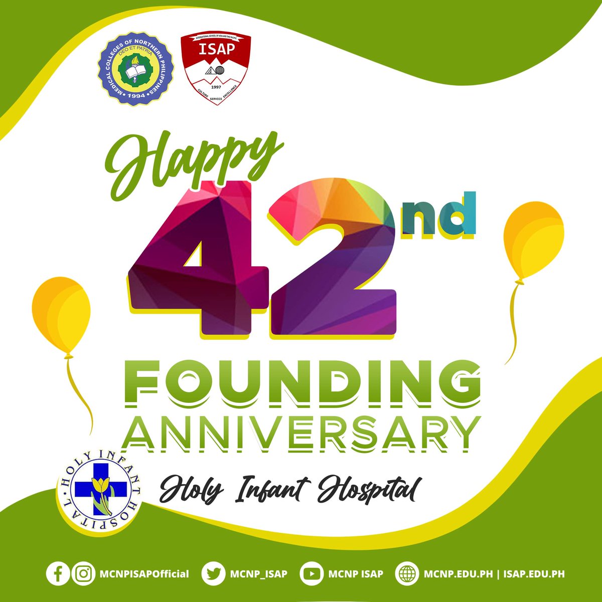 MCNP_ISAP's tweet photo. We, at Medical Colleges of Northern Philippines and International School of Asia and the Pacific, are happy to celebrate with you the 42nd Founding Anniversary of your institution.

May you always keep the vision, mission and legacy of our beloved founder, Dr. Ronald P. Guzman. https://t.co/5mQ6ghHqvN