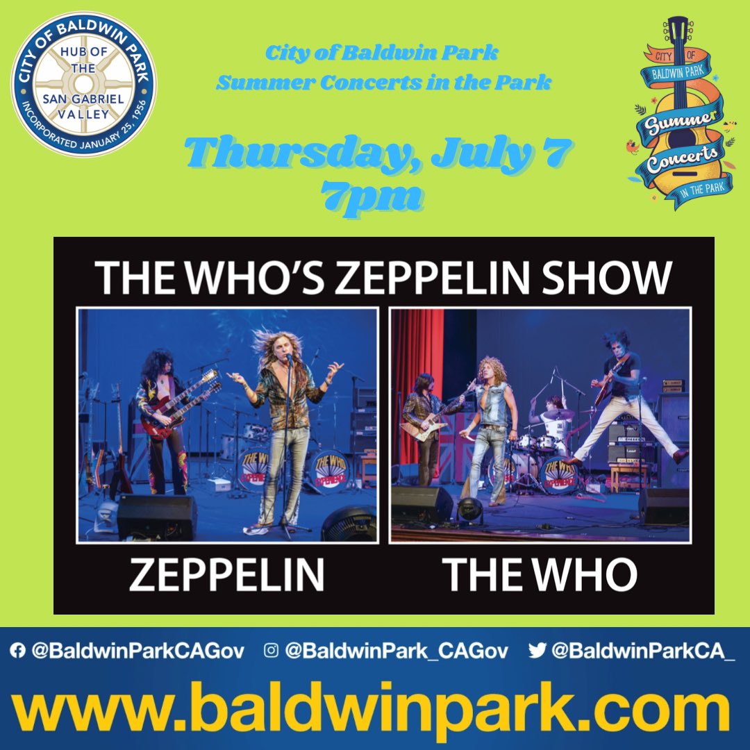 BaldwinParkCA_'s tweet photo. 🎸🎼🎤Morgan Park this Thursday, July 7 an unforgettable show with WHO’S ZEPPELIN. Their energetic, fun performance is a must see for classic rock fans Food, novelty & information vendors from 5pm-9pm, concert at 7pm. #bprcs #reclife #pmlb #riseupjuly https://t.co/afHJqa2W2T