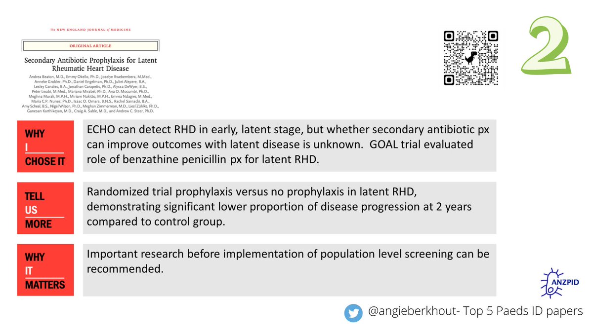 anzpid's tweet photo. Number #2 of @angieberkhout Top 5 #PaedsID papers. #GOAL trial which examines the use of benzathine #penicillin for #secondaryprophylaxis of latent #rheumaticheartdisease #RHD https://t.co/jml2kPzXXk @NEJM @ASIDANZ #ASID22 #IDTwitter #medTwitter https://t.co/8Ijh65q4MJ