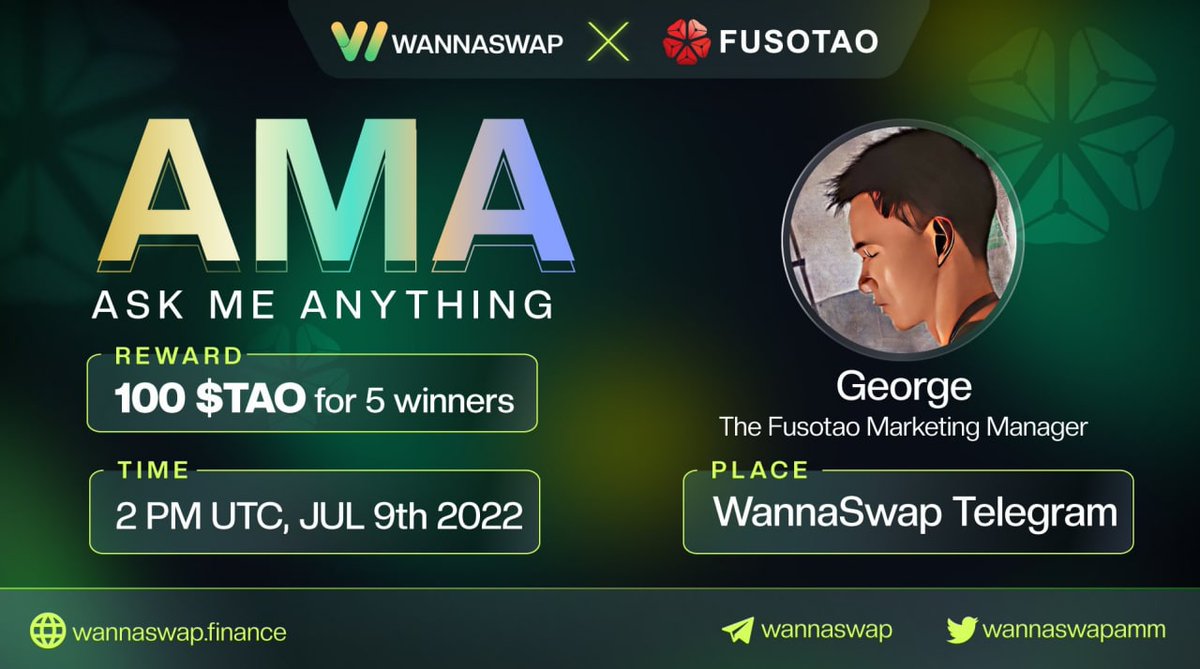 wannaswapamm's tweet photo. We're happy to announce about a new AMA with @FusotaoProtocol to help you learn about the 1st IDO project on us. 📢📢📢
Then 100 $TAO will be shared to 5 winners.💰💰💰
Place: https://t.co/U1YlmI1Oz9
Dont miss it, Wannatics! 😎 https://t.co/Gze6cuE1FJ