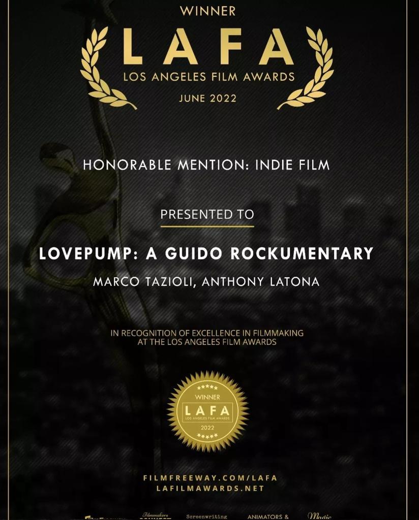 GuidoTalkShow's tweet photo. Special thanks to @lafilmawards for the award for Honorable Mention! It's always an honor to be mentioned, when it comes to our Love Pump ayy! 🎖 🇮 🏆
#lafa #lafilmmaker #shortfilm #comedy #guidotalk #lovepump #filmfestival #comedy #rockandroll https://t.co/GdVelHtZcP