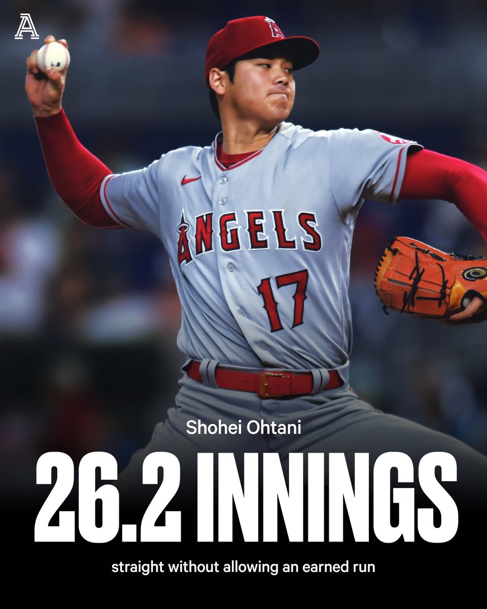 TheAthletic's tweet photo. The story of Shohei rolls on.

Tack another seven innings onto Ohtani's streak, bringing his total to 26.2 straight innings without allowing an earned run. https://t.co/3cD6qXuHjX