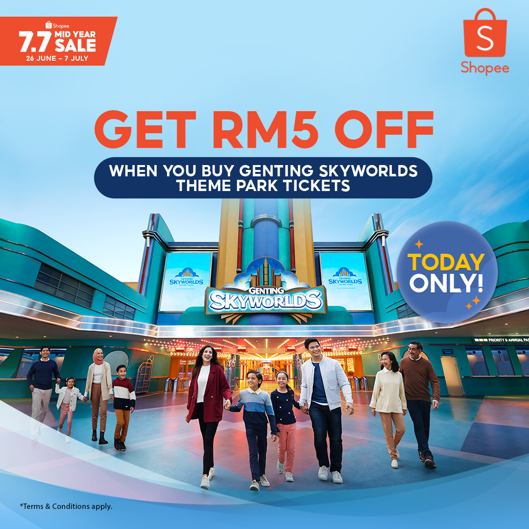RW_Genting's tweet photo. 📢 HAPPENING NOW: Get RM5OFF when you purchase Genting Skyworlds theme park tickets on Shopee this 7.7 Mid-Year Sale! 😍 

Find out more 👉🏼👉🏼
https://t.co/QZggoyYMaJ

#ShopeeMY #ShopeeMY77 #GentingSkyWorlds #ResortsWorldGenting https://t.co/Jkx1mCeAjY