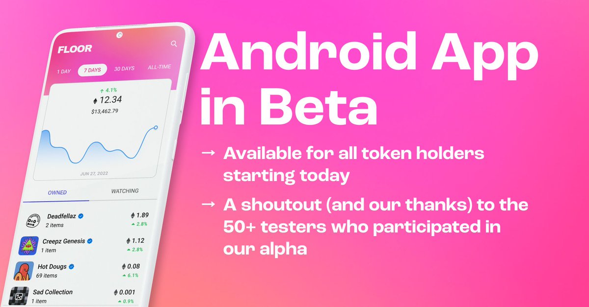 rally_xyz's tweet image. Now for some alpha... or in Android’s case, a beta.

🚀 Floor for Android is now available for all token holders

🤝 We’ve been testing for the past 6 weeks with 50 early adopters— thank you for your feedback and support!